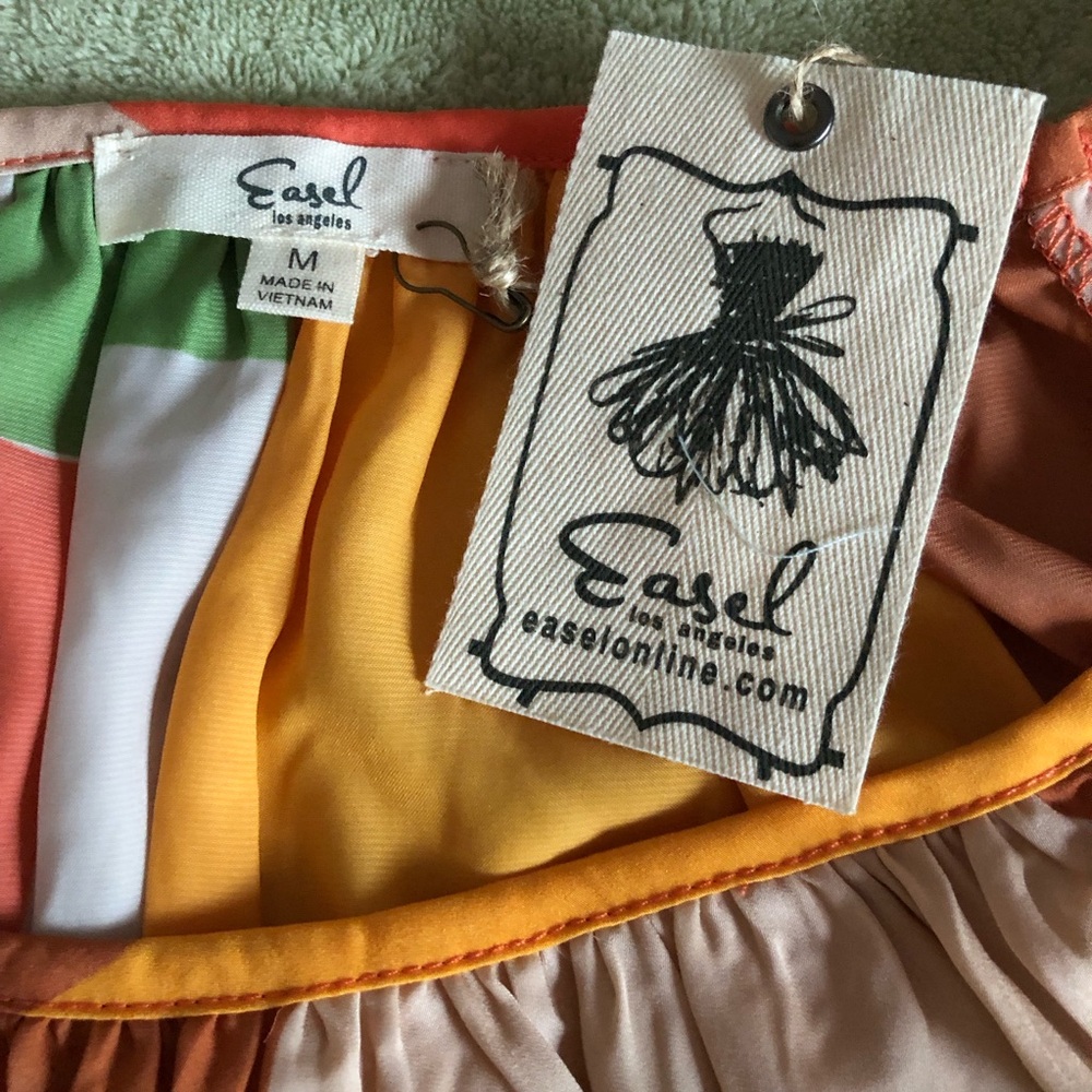 easel blouse colorblock lightweight boho peasant 3/4 sleeve orange caramel green - Picture 6 of 9